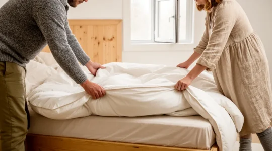 Deux adultes ajustant une housse de couette 220×240 sur un lit double avec retombée visible