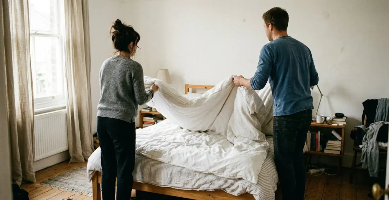 Un couple vu de dos installe une couette blanche sur leur lit double, la retombée du tissu visible de chaque côté du matelas