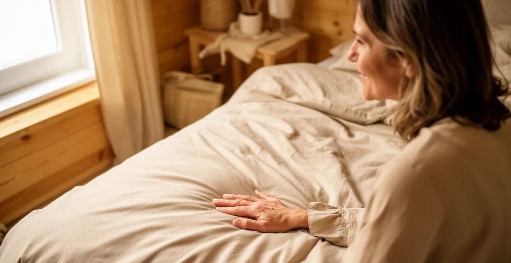 Femme touchant housse de couette percale confort chambre