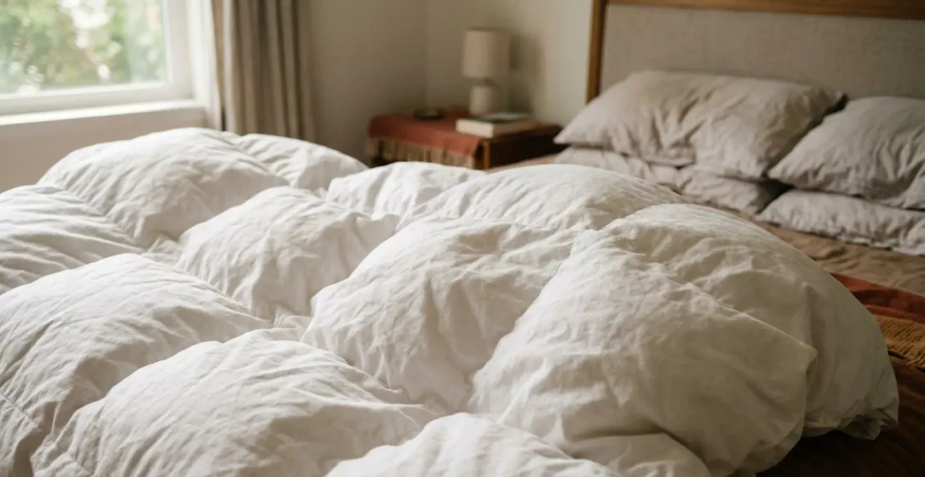 Gros plan sur une couette blanche gonflante posée sur un lit, montrant la texture moelleuse et le volume naturel du tissu