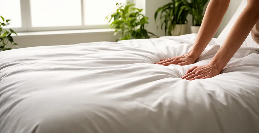 Lit avec housse de couette percale dans chambre lumineuse naturelle