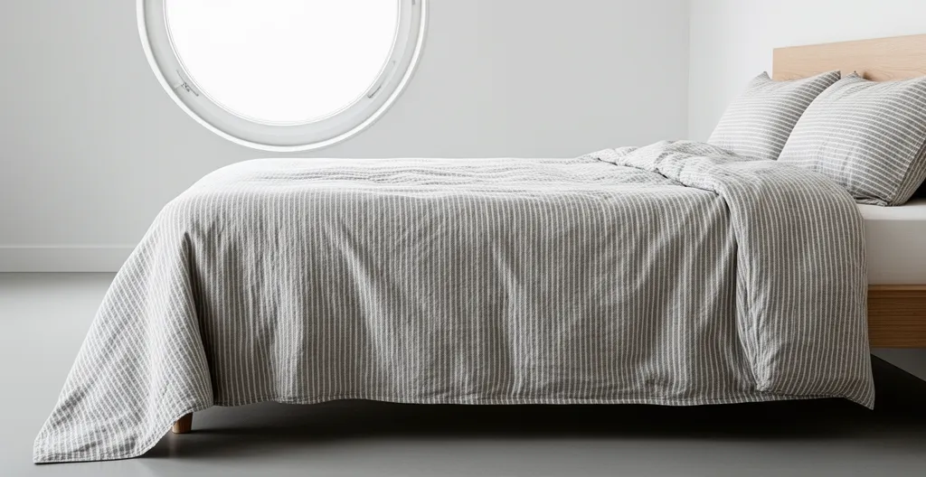 Vue latérale d'un lit double montrant la retombée d'une housse de couette