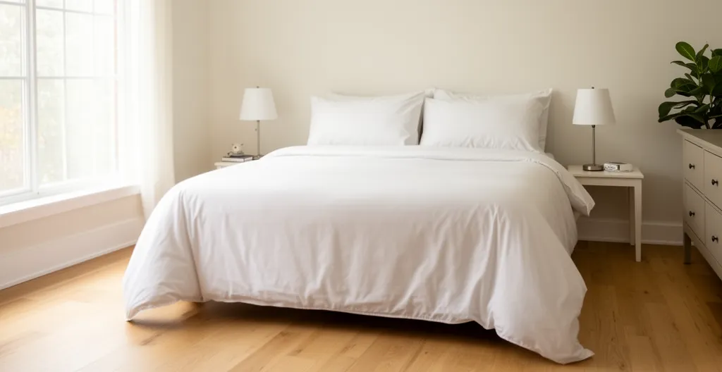 Lit double parfaitement fait avec housse de couette 220×240 bien tendue