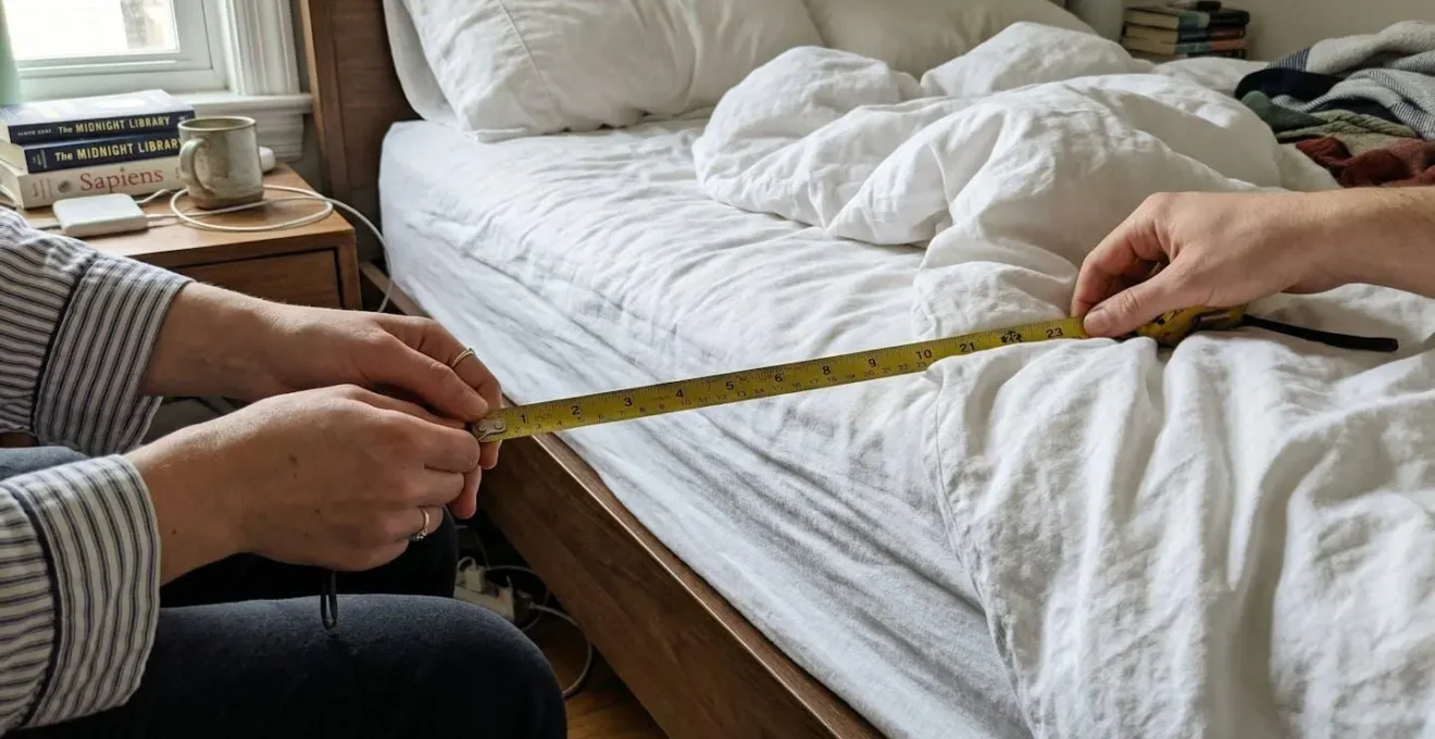 Deux mains tiennent un mètre ruban jaune pour mesurer la retombée d'une couette blanche sur le côté d'un lit