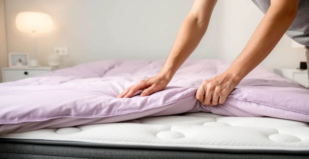 Vue de côté montrant la hauteur d'un lit avec matelas épais et surmatelas