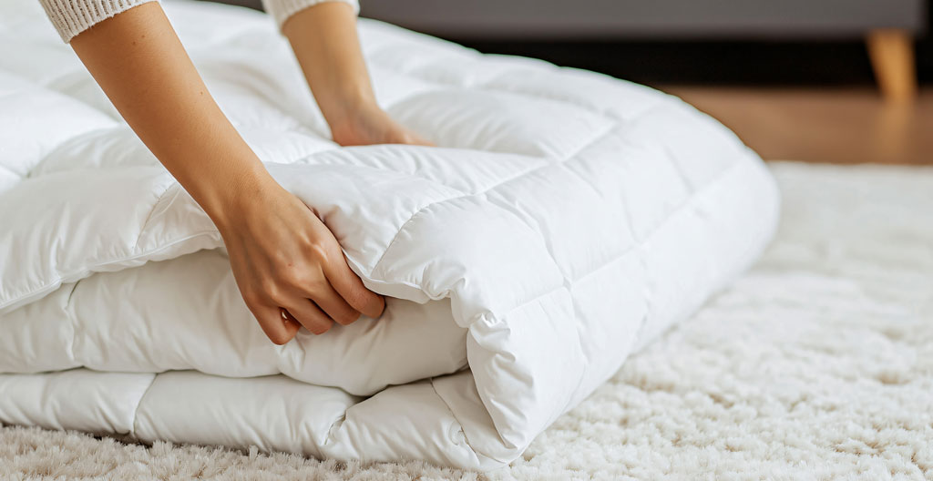 Gros plan sur une couette blanche gonflante posée sur un lit, montrant la texture moelleuse et le volume naturel du tissu